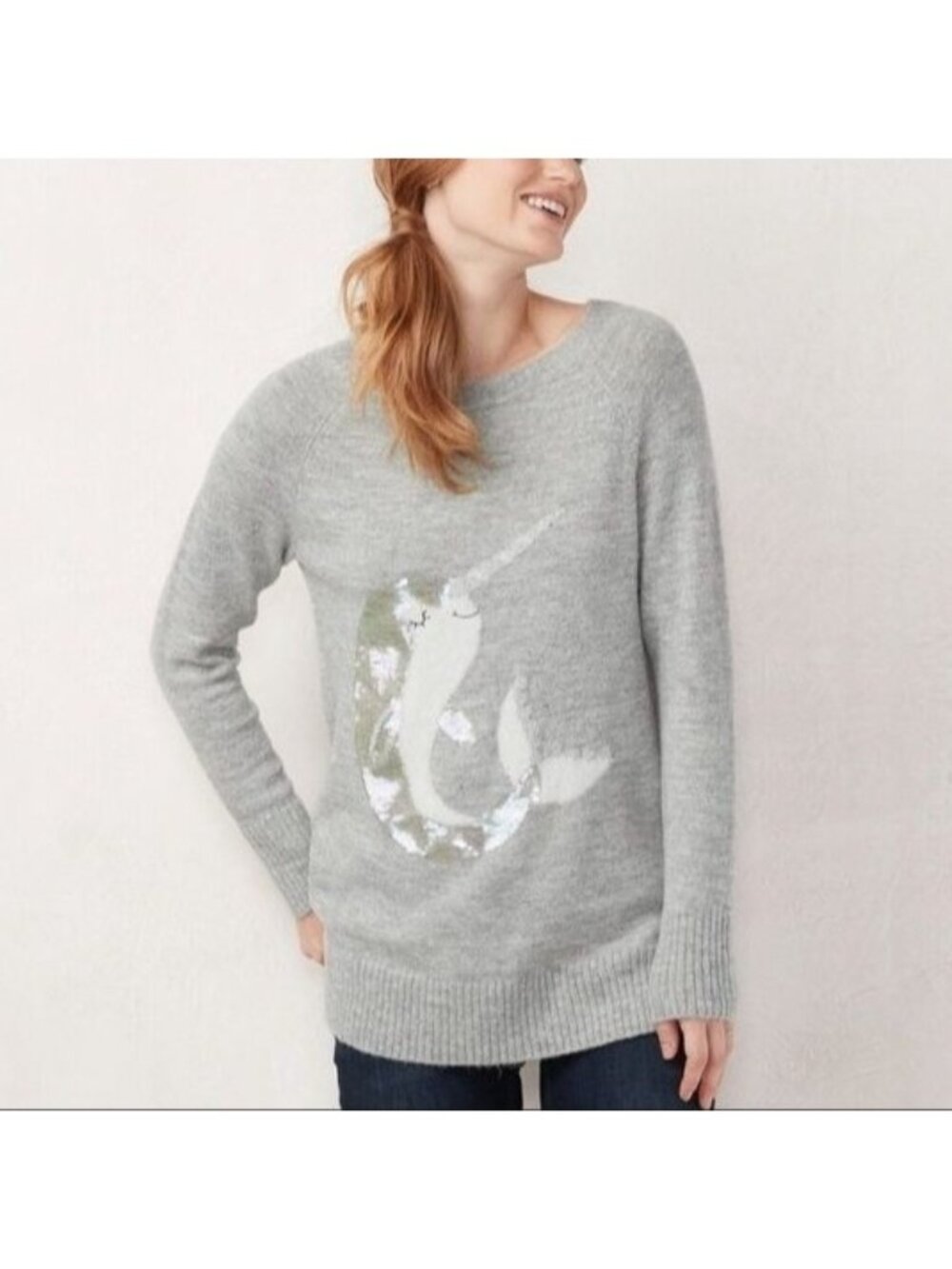 Gray Narwhal Sequin LC Lauren Conrad Size S Metallic Knit Long Sleeve Sweater